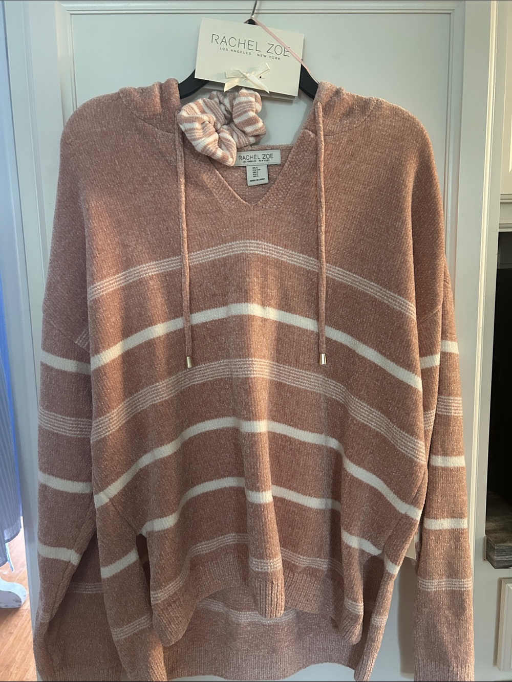 Rachel Zoe Dusty Rose & White Striped Hooded Sweater with matching scrunchie